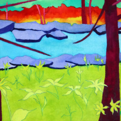 Stream with Red Trees and Sunset by Patricia Nojima