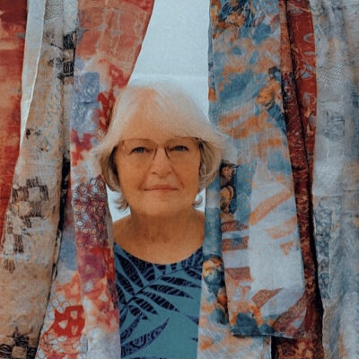 Artist with silk scarves by Kathy Sky Schuyler