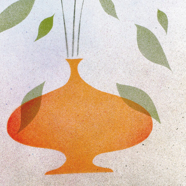 Orange vase with green leaves by James McPhee