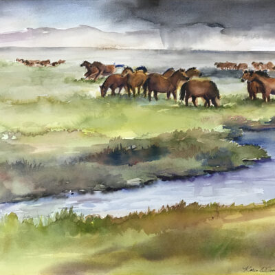 Przewalski's Horses on Mongolian Plain by Karen Olsen