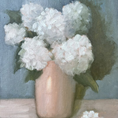 White Hydrangeas in Coral Vase by Patricia Jones