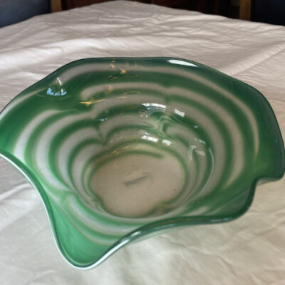 Hand blown glass bowl with green wrap by Michael Stromberg